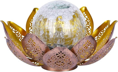 DUSVALLY Lotus Solar Light Outdoor Garden Decoration for Patio, Lawn, Walkway, Tabletop, Waterproof Metal Lotus & Glass Globe Emit Crackle Light, Golden