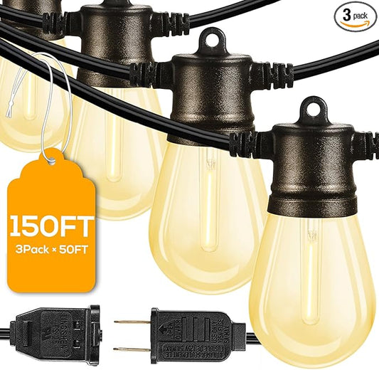 FMART LED Outdoor String Lights, 3*50FT(150FT Total) Hanging Lights Dimmable Commercial Grade UL ETL Listed Waterproof, 3X15 Sockets 1W 2700K Shatterproof Edison S14 Bulbs(3 Spare) Heavy Duty Lights