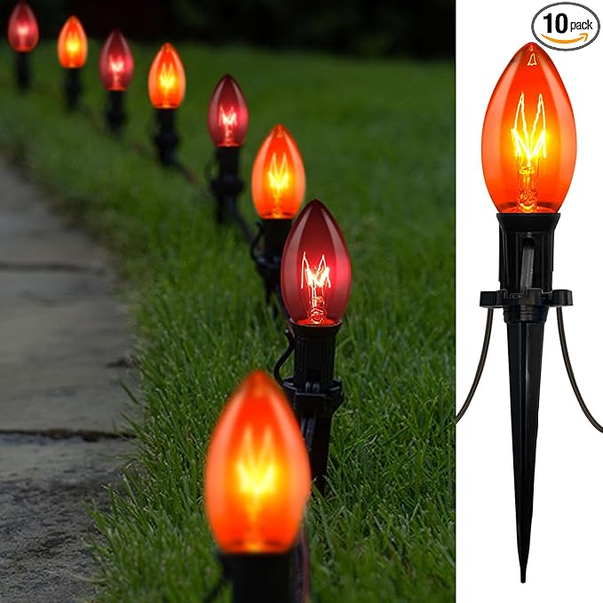 SUNSGNE C9 Orange and Black Halloween Pathway Lights Outdoor, Set of 10 Halloween Stake Lights, Connectable Pathway Markers Light for Walkway Party Driveway Lighting Decor
