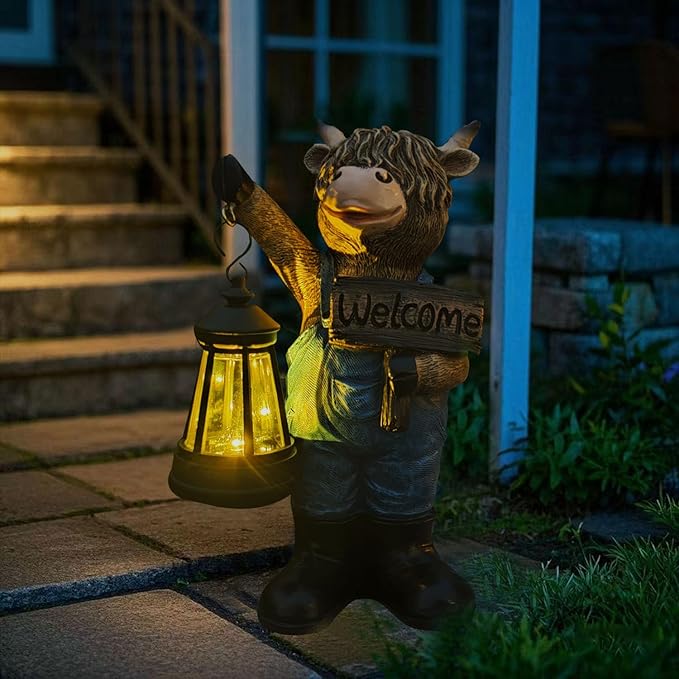 Solar Garden Statues -Highland Cow Lantern Outdoor Handmade Resin Statue with LED Light, and Welcome Holder for | Lumora