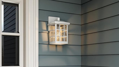 Quoizel Stonington Outdoor Wall Lantern, Coastal Armour 13 Inch 1-Light Matte White Vintage Wall Sconce, Clear Water Glass, 100W, Decorative Outside Lights for Patio, Porch, Garage or Yard