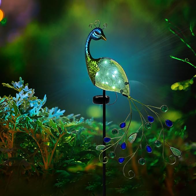 Peacock Solar Garden Stake Lights Decorative, Waterproof Metal Glass Landscape Path Lights for Outdoor Patio Lawn Yard, Upgrade