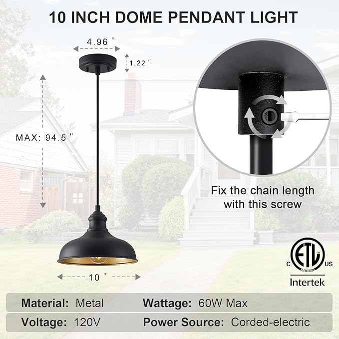 10in Dome Outdoor Pendant Barn Lights Black Kitchen Island Pendant Lamp with Brass Interior, Hallway Porch Ceiling | Lumora