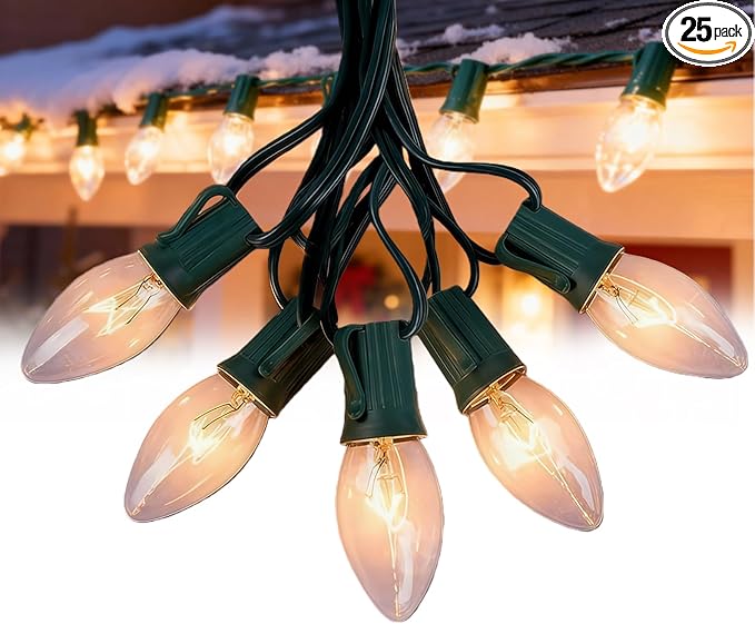 25FT C9 Warm White Christmas Lights, Vintage Outdoor String Lights for Tree, Patio, Garden, and Holiday Decorations, Clear Incandescent Bulbs, Connectable, Indoor & Outdoor Use
