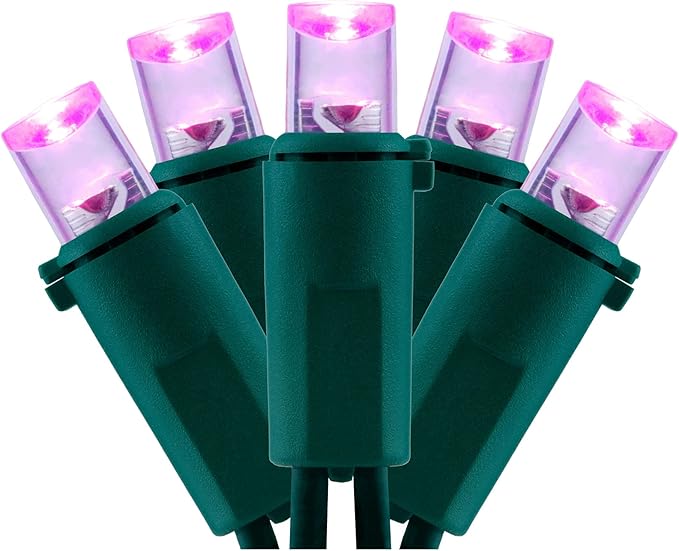 YULETIME Pink Wide Angle LED Christmas Lights with Green Wire, 66 Ft 200 Count UL Certified Commercial Grade 5mm Holiday String Light Set (Pink)