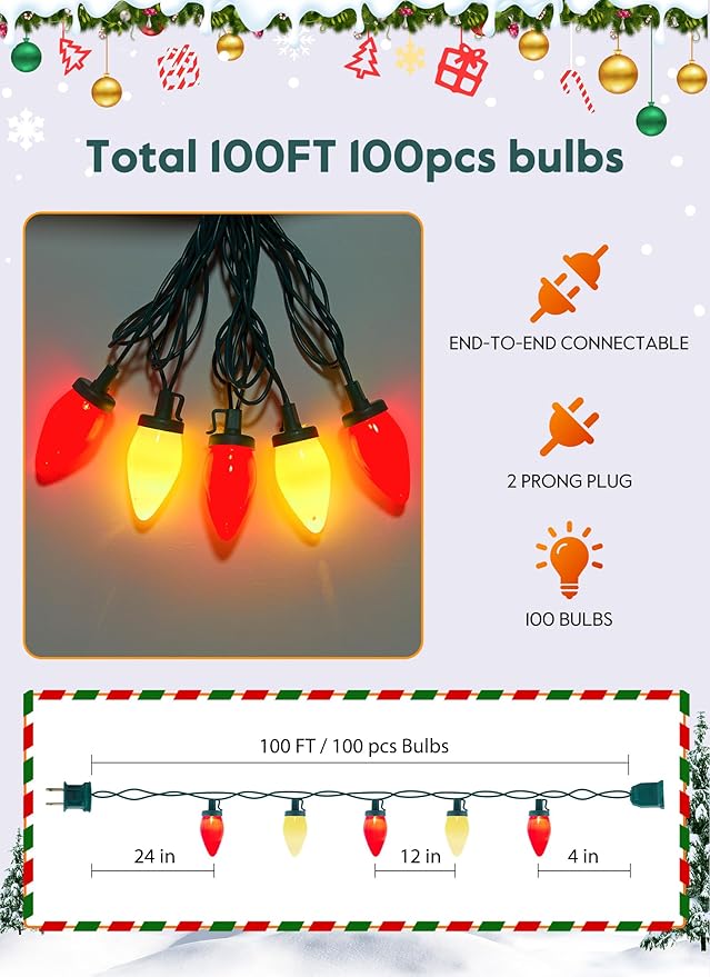 C9 Christmas Lights Outdoor, 100 Feet Strawberry Waterproof String Lights with 100 Bulbs, Connectable Waterproof Lights for Holiday Party Roofline Backyard Patio, Green Wire(Red & Warm White)