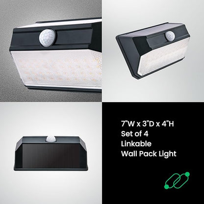 Home Zone Mesh Linkable Series 4-Pack Solar SMD LED Security Wall Pack Light, 800LM, Auto-Linking, 120°x26 ft Motion Detection, 3000L Warm White, 800 Lumens, Customizable 4-Channel Settings, Black