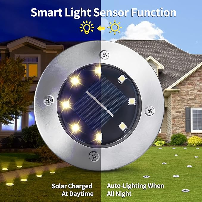 Aogist Solar Ground Lights - 12 Pack, 8 LED, Waterproof Outdoor Disk Lights for Pathway, Yard, Walkway, Patio, Lawn | Lumora