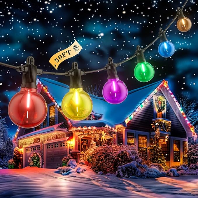 Christmas Outdoor String Lights 50FT, Colored Patio Lights, Shatterproof Dimmable Hanging Light with 25 LED G40 Bulbs Waterproof Outside Light for Xmas Halloween Garden Backyard Yard Bistro Holiday