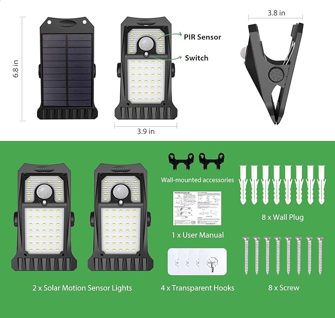 Tryme 45LEDs Solar Lights Outdoor Clip Motion Sensor Lights 3 Modes 3 Mounting Ways IP65 Waterproof Security Light | Lumora