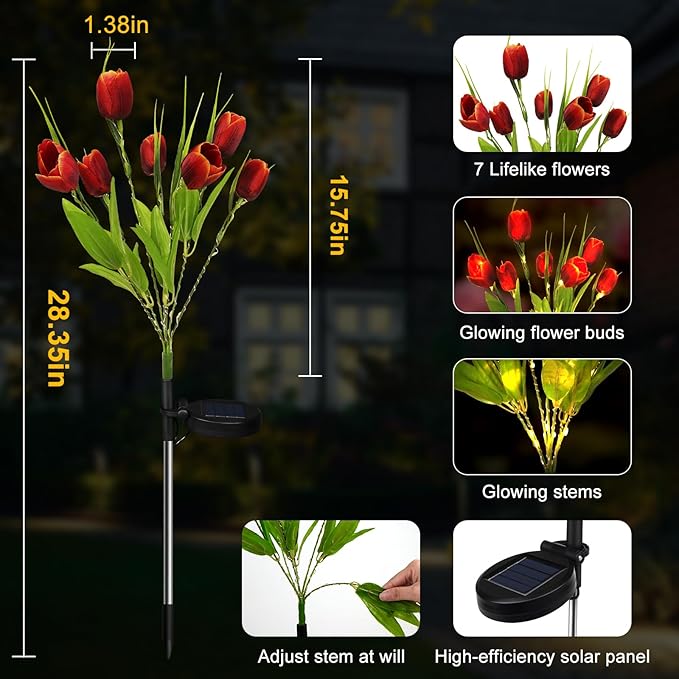 Aolyty Solar Garden Lights Outdoor, Solar Tulip Lights 2 Pack with 14 Tulip Flowers, IP65 Waterproof LED Stake Light for Pathway Patio Yard Landscape Decorative (Red)