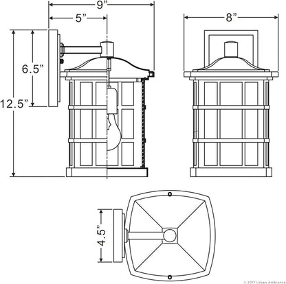 Urban Ambiance Luxury Craftsman Outdoor Wall Light, Small Size: 13" H x 8" W, with Tudor Style Elements, Highly-Detailed Design, High-End Black Silk Finish and Water Glass, UQL1232