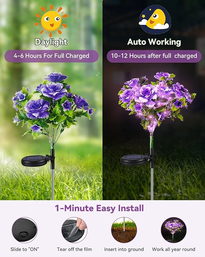 Neporal Solar Light Outdoor - 2 Pack Solar Garden Lights with Purple Carnation Solar Flowers, Solar Lights Outdoor Waterproof IP65, Solar Outdoor Lights Decorative for Outdoor Garden Decoration.