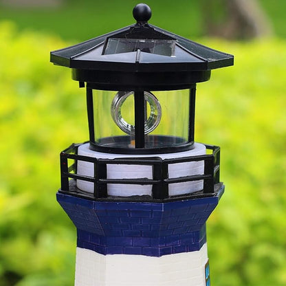 Solar Garden Lighthouse， White and Blue Lighthouse statutte with Rotating Lamp Outdoor Decorative LED Lights for Garden Patio Lawn