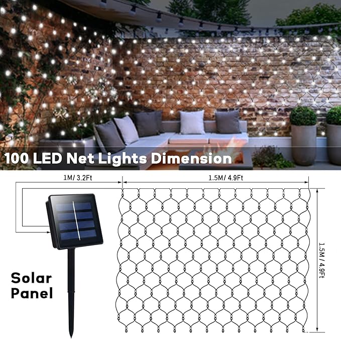 echosari Solar Net Lights Outdoor, 100 LED 5Ft x 5Ft Bush Net Light Outdoor Mesh Lights Auto On/Off 8 Modes for Tree Fence Wall Roof Backyard Bush Decor (Cool White)