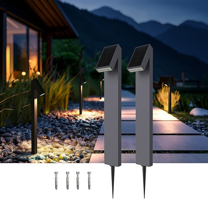 Solar Pathway Lights, Dimmable Metal Solar Landscape Path Lights IP65, 3000K Solars Walkway Light for Outside, Garden Yard Patio Path Lawn Decor, 2pcs