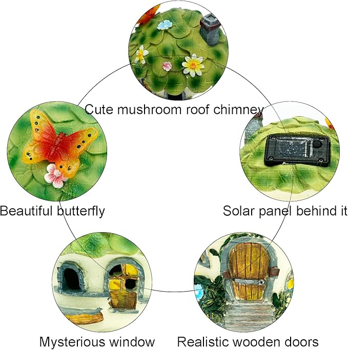 Solar Garden Figurine Lights, Large Resin Mushroom House Decorative Statue Waterproof Outside Ornament for Patio Yard Lawn Balcony (Green)