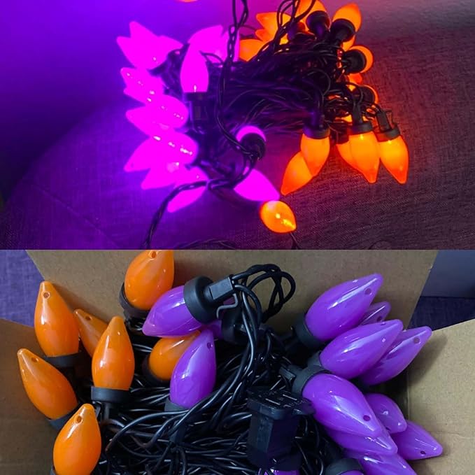 Purple and Orange Halloween Lights, 26FT 50 Count Halloween C7 LED String Lights for Indoor/Outdoor Use, Purple Orange Lights for Patio Home Party Garden Yard-Black Wire