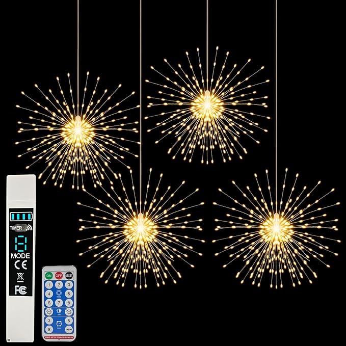 Firework Lights Waterproof Hanging, 200 LED Battery Operated Decorative String Lights Outdoor for Wedding, Party, Backyard, Patio Indoor Fairy Night Light for Home Decor, Bedroom Rechargeable, 4 Pack