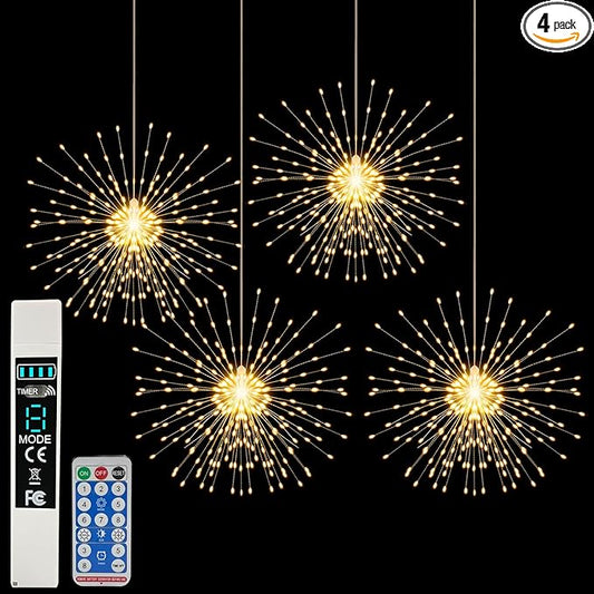 Firework Lights Outdoor 800 LED, String Light USB Rechargeable Battery Powered Smart with Remote, 8 Modes, Timer for Christmas Tree Birthday Party Decorations Indoor Bedroom Night Light, 4 Packs