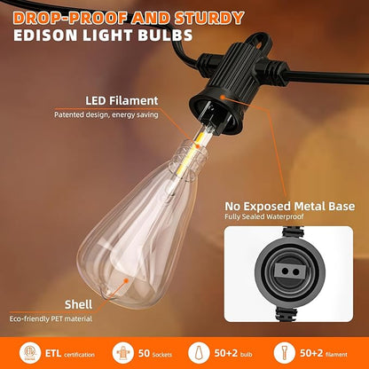 Kawaya 100 FT LED Outdoor String Lights with 50+2 Shatterproof Vintage Edison Bulbs, Dimmable IP65 Waterproof, Perfect for Yard, Porch, Deck, Balcony, Bistro, Cafe, Party