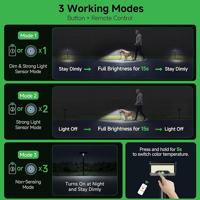Solar Motion Sensor Pathway Lights - Warm & Daylight Selectable Path Light 3 Modes, IP65 Waterproof Black LED Garden Lighting with Remote Control for Outside Landscape Walkway (4 Pack)