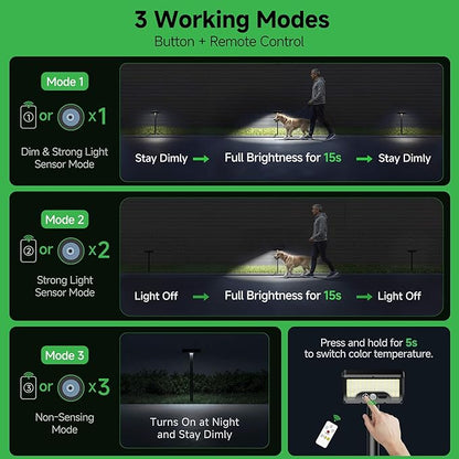 Solar Motion Sensor Pathway Lights - Warm & Daylight Selectable Path Light 3 Modes, IP65 Waterproof Black LED Garden Lighting with Remote Control for Outside Landscape Walkway (4 Pack)