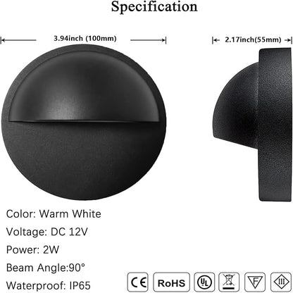 RNEHON 4-Pack 2W Low Voltage LED Deck Lights, Φ3.94inch Landscape Step Railing Fence Light, Die-cast Aluminum, IP 65 Waterproof Outdoor Stair Light Warm White for Stair,Walkway,Deck, Step,Yard (Black)