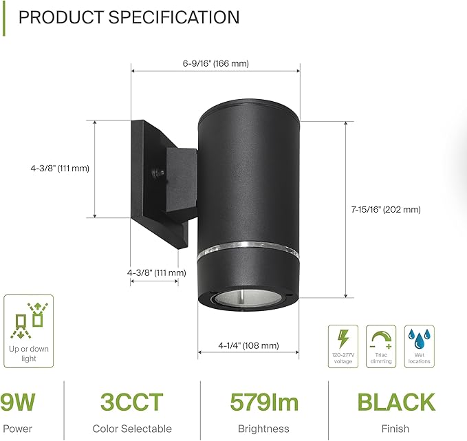 ASD 1 Light LED Indoor & Outdoor Wall Light Fixture | 9W 580LM 3000K-5000K 100-277V Cylinder Up Down Lights | Dimmable Exterior Wall Sconce | Front Door, Porch, Patio | Ringed Black, ETL 2 Pack