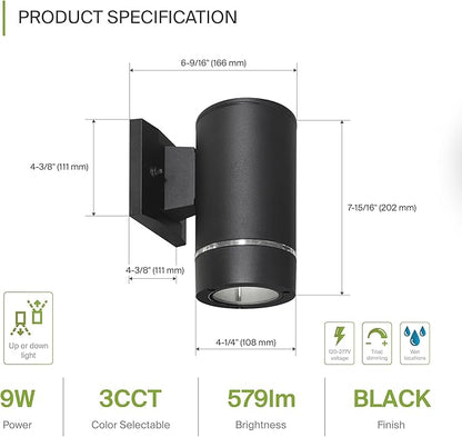 ASD 1 Light LED Indoor & Outdoor Wall Light Fixture | 9W 580LM 3000K-5000K 100-277V Cylinder Up Down Lights | Dimmable Waterproof Exterior Wall Sconce | Front Door, Porch, Patio | Ringed Black, ETL
