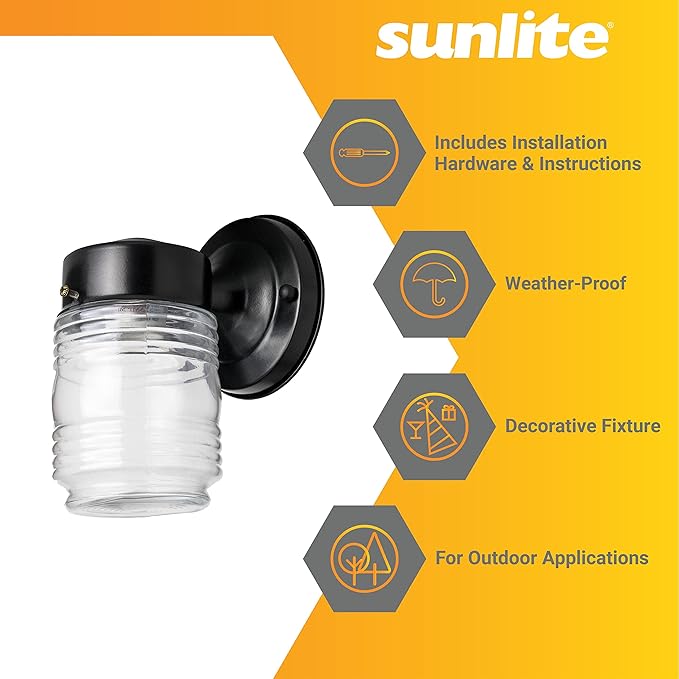 Sunlite 47040 Wall Mount Outdoor Jar Fixture, 60 Watts Max, Medium Base Socket (E26), 120 Volts, Outdoor, UL Listed, Black, for Residential & Commercial Use