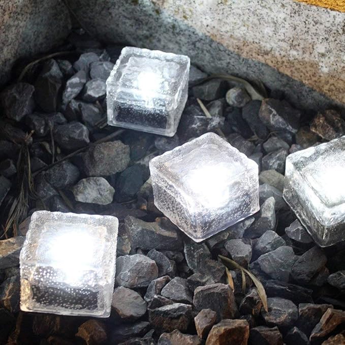 4 Pack Solar Path Ice Cube Lights Outdoor, Waterproof Glass LED Glass Clear Brick in-Groud Buried Festive Light Night Lamp for Garden Courtyard Pathway Patio Pool Pond Decoration(White)