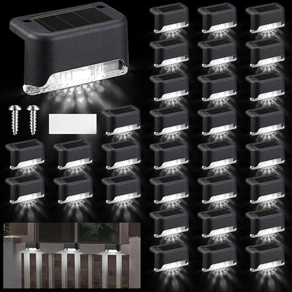 Geelin 32 Pcs Solar Deck Lights Outdoor, Waterproof LED Solar Step Fence Lights for Stairs, Step, Railing, Patio, Driveway, Garden, Pathway and Yard(Black Shell Cool White Light)