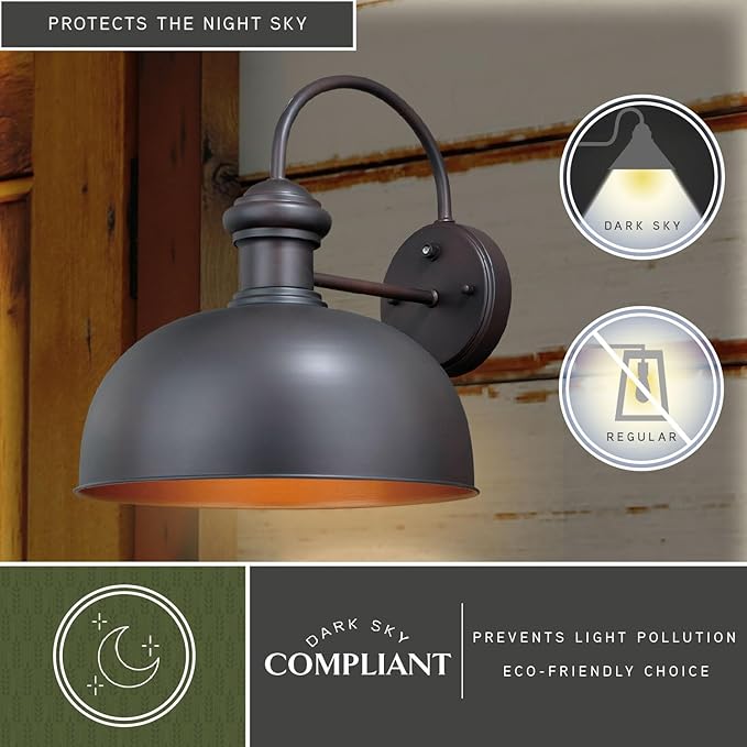 VAXCEL Franklin 15 in. H 1-Light Oil Burnished Bronze and Light Gold Dusk to Dawn Sensor Farmhouse Outdoor Wall Sconce, Metal Shade, Dark Sky Compliant for Exterior Porch Patio Front Door or Garage