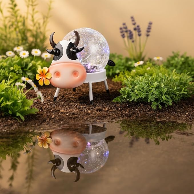 Solar Lights Outdoor Dairy Cow Decor with Crackle Glass Globe Lights - Cute Metal Cow Decor - Garden Figurine Light | Lumora