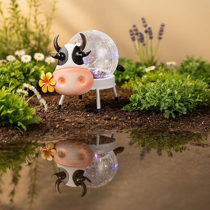Solar Lights Outdoor Dairy Cow Decor with Crackle Glass Globe Lights - Cute Metal Cow Decor for Yard Lawn Patio Porch Pathway Tabletop, Housewarming Gifts for Mom Women