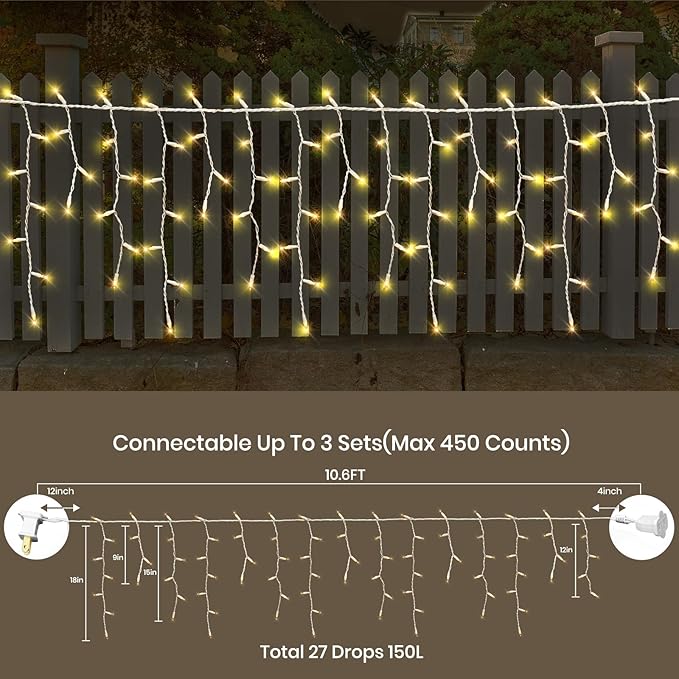 Icicle Lights for Outside 150 10ft 27 Drops Icicle Christmas Lights Outdoor Warm White Incandescent String Lights Indoor and Outdoor UL Listed for Patio Garden Wedding Bedroom (Mini Bulb)
