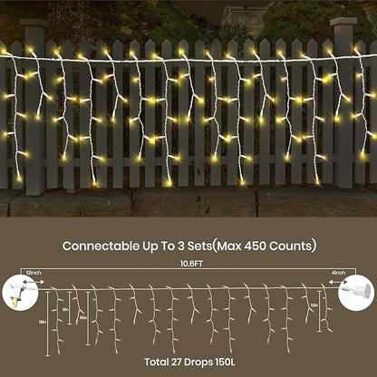 Icicle Lights for Outside 150 10ft 27 Drops Icicle Christmas Lights Outdoor Warm White Incandescent String Lights Indoor and Outdoor UL Listed for Patio Garden Wedding Bedroom (Mini Bulb)