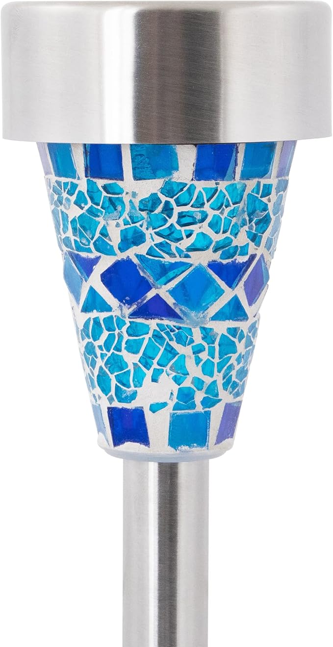Northlight Set of 3 Blue Mosaic Stained Glass Solar Powered LED Pathway Markers, 15.5"