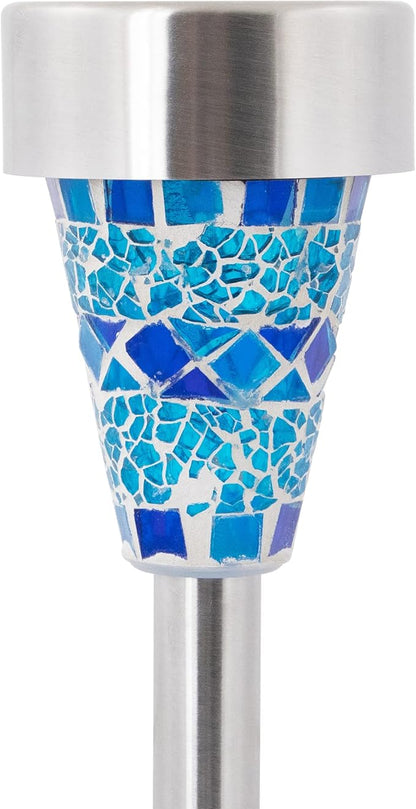 Northlight Set of 3 Blue Mosaic Stained Glass Solar Powered LED Pathway Markers, 15.5"