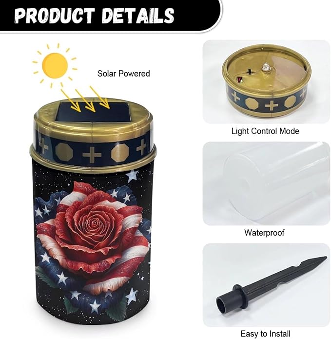 American Flag Rose Solar Powered Cemetery Memorial Light,Cemetery Decorations for Grave,Grave Markers for Cemetery Solar Cemetery Lamp,Solar Grave Light