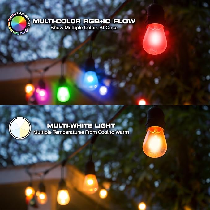 Monster 24 Foot Premium Outdoor Smart RGB+IC+WW String Lights, 12 Bulb Color Flow Dimmable LEDs, Sound Reactive, Water & Weather Resistant, Compatible with Alexa, Siri, Google Home, App