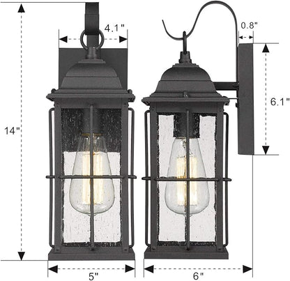 zeyu 1-Light Outdoor Wall Sconce Lantern, 14 inch Exterior Light Fixtures Wall Mount in Black Finish with Seeded Glass Shade, 20071B1
