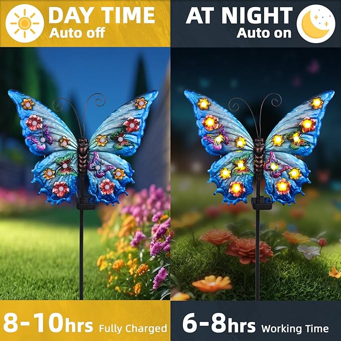 Butterfly Solar Lights Outdoor Waterproof Large with 14 String Bulbs and Flowers, Solar Garden Stakes Butterfly Yard Decor Gardening Gifts for Women Mom Grandma Gardeners Enthusiasts 50"