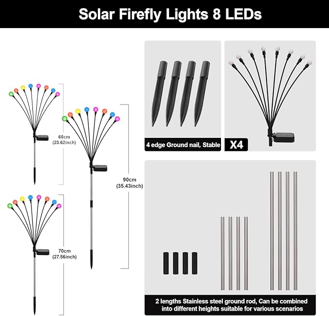 Swaying Solar Firefly Lights Outdoor, 8 Modes RGB Color Changing Firefly Swaying Solar Garden Lights for Outside Christmas Yard Patio Pathway Plant Landscape Garden Decor Multicolor(4 Pack)
