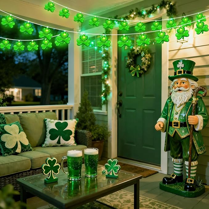 8.5FT Clear Green Shamrock Lights, St Patricks String Lights Outdoor Waterproof with 10 LED Light for rish Shamrock | Lumora