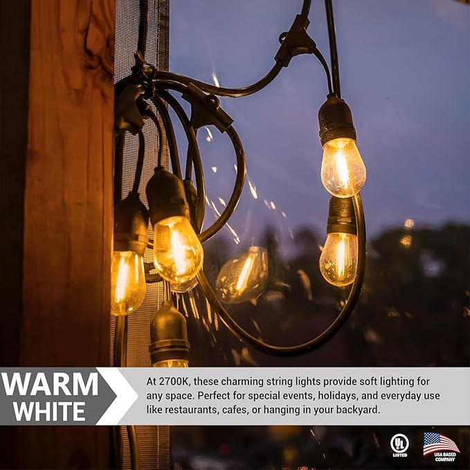 Diodesy- 24Ft Outdoor String Lights with S14 LED Shatterproof Edison Bulb & 7 Hanging Socket Commercial Grade E26 | Lumora