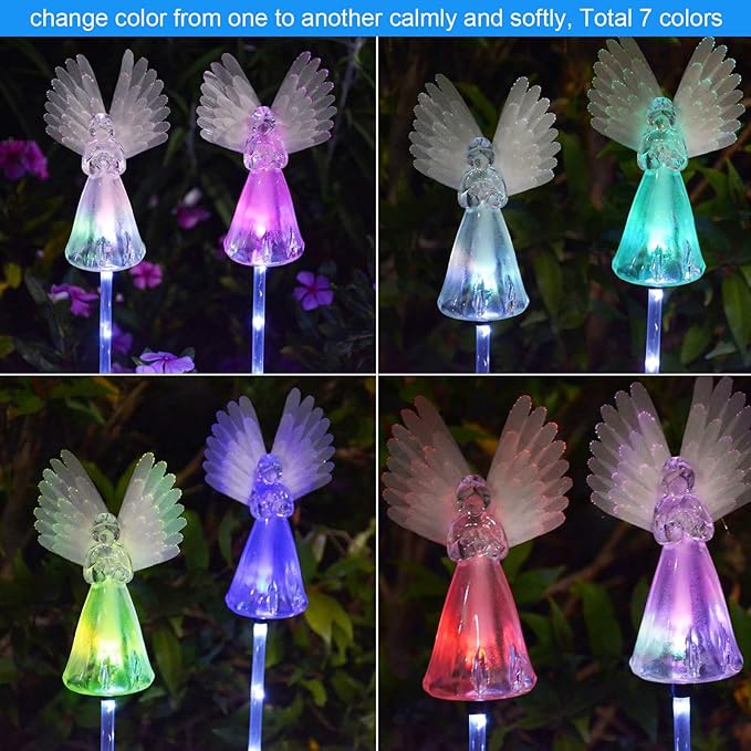 2 Pack Solar Powered Angel for Cemetery Decorations,Garden Stake Light Multi-Color Changing LED Waterproof Lawn Decorative Light for Garden Yard Patio Cemetery Grave Decorations