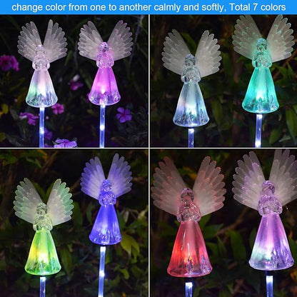 2 Pack Solar Powered Angel for Cemetery Decorations,Garden Stake Light Multi-Color Changing LED Waterproof Lawn Decorative Light for Garden Yard Patio Cemetery Grave Decorations