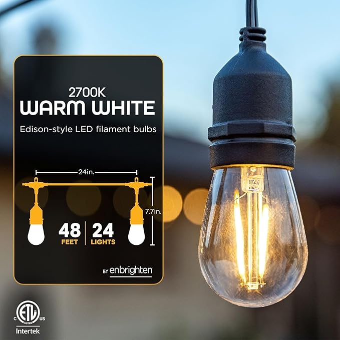 48' Outdoor LED Café String Lights, 24 Bulbs